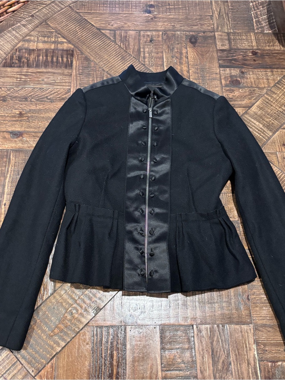 BCBG MaxAzria Peplum Jacket Black Satin-Trimmed Wool
Size Small